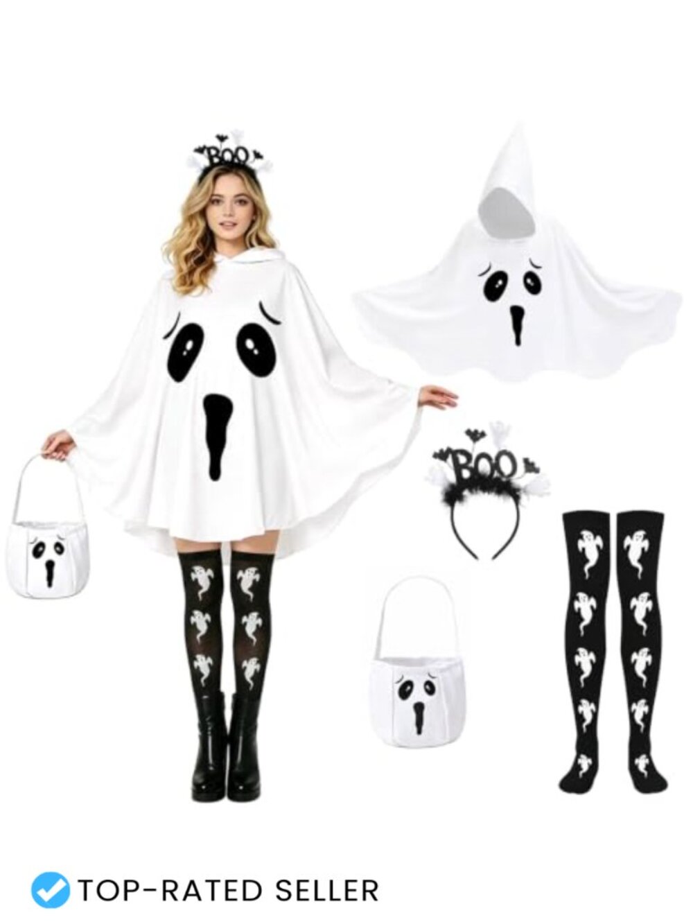 Ghost Poncho Costume Set Hooded Polyester Halloween One Size Women